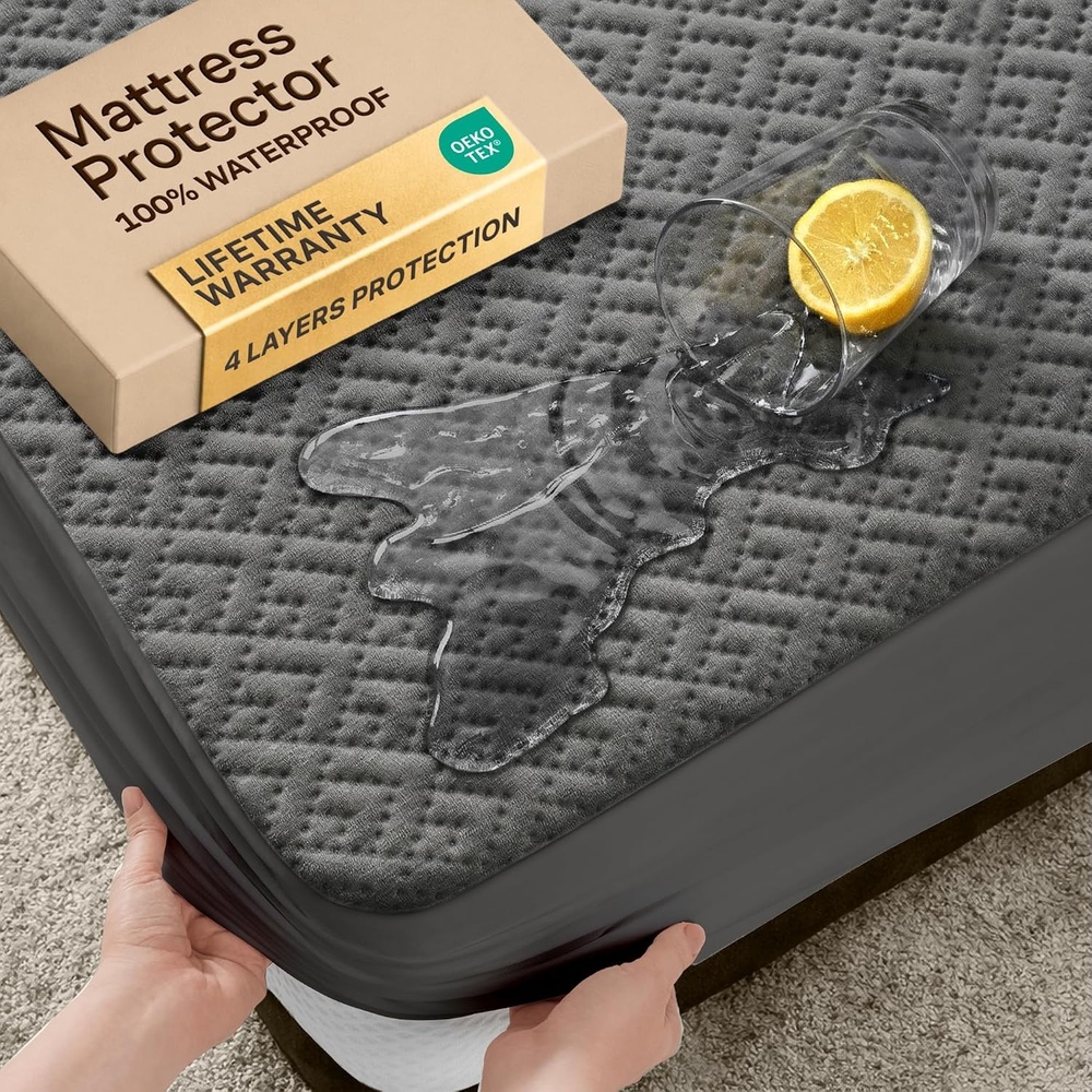 image:image100 Waterproof Twin Mattress Protector 360 Pad Protection Against Spills Stains amp Accidents for Parents amp Pet Owners Noiseless amp Cooling Viscose Made from Bamboo WhiteGray