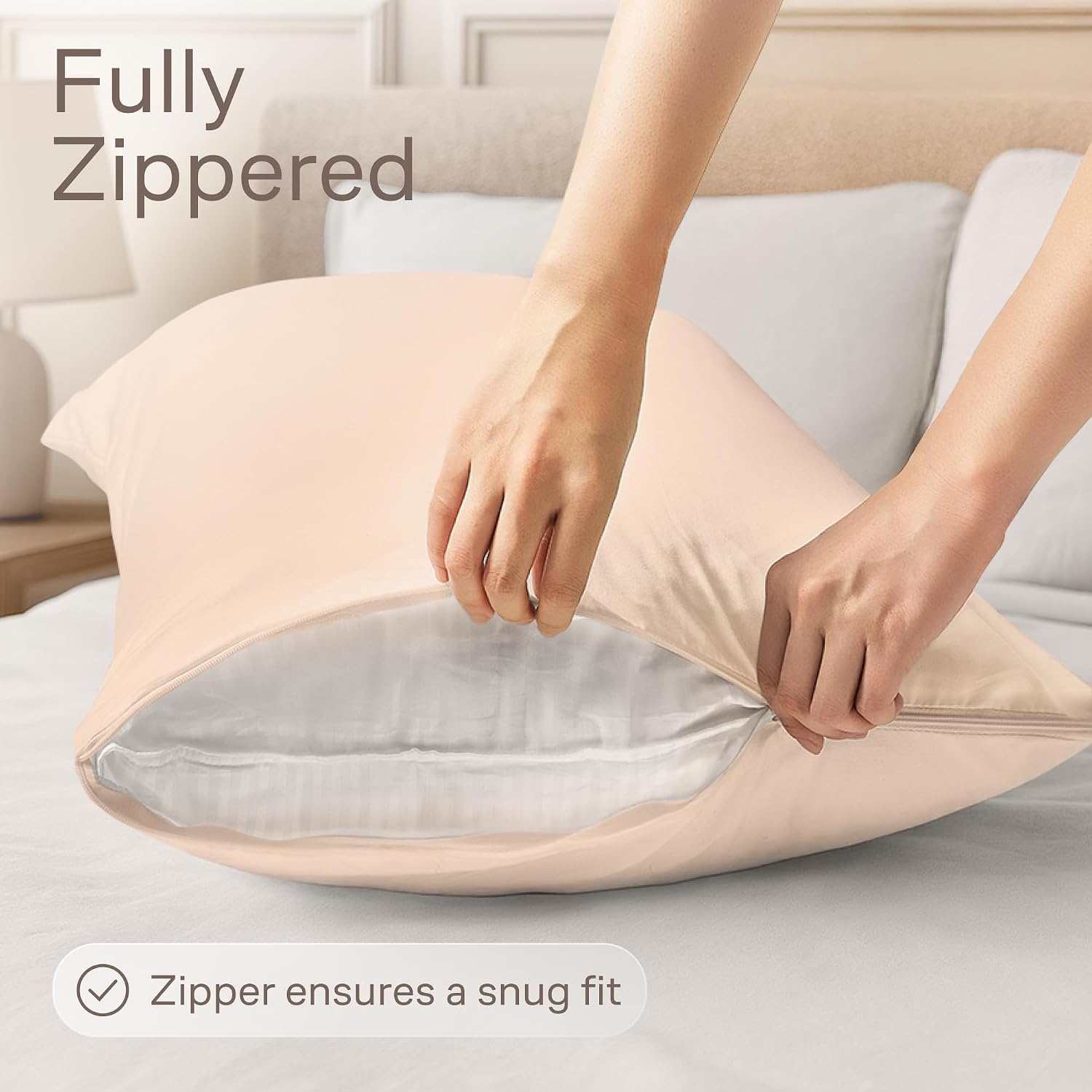 image:imageUltra Soft Pillow Protectors with Zipper Queen Size Set of 4 WhiteBeige