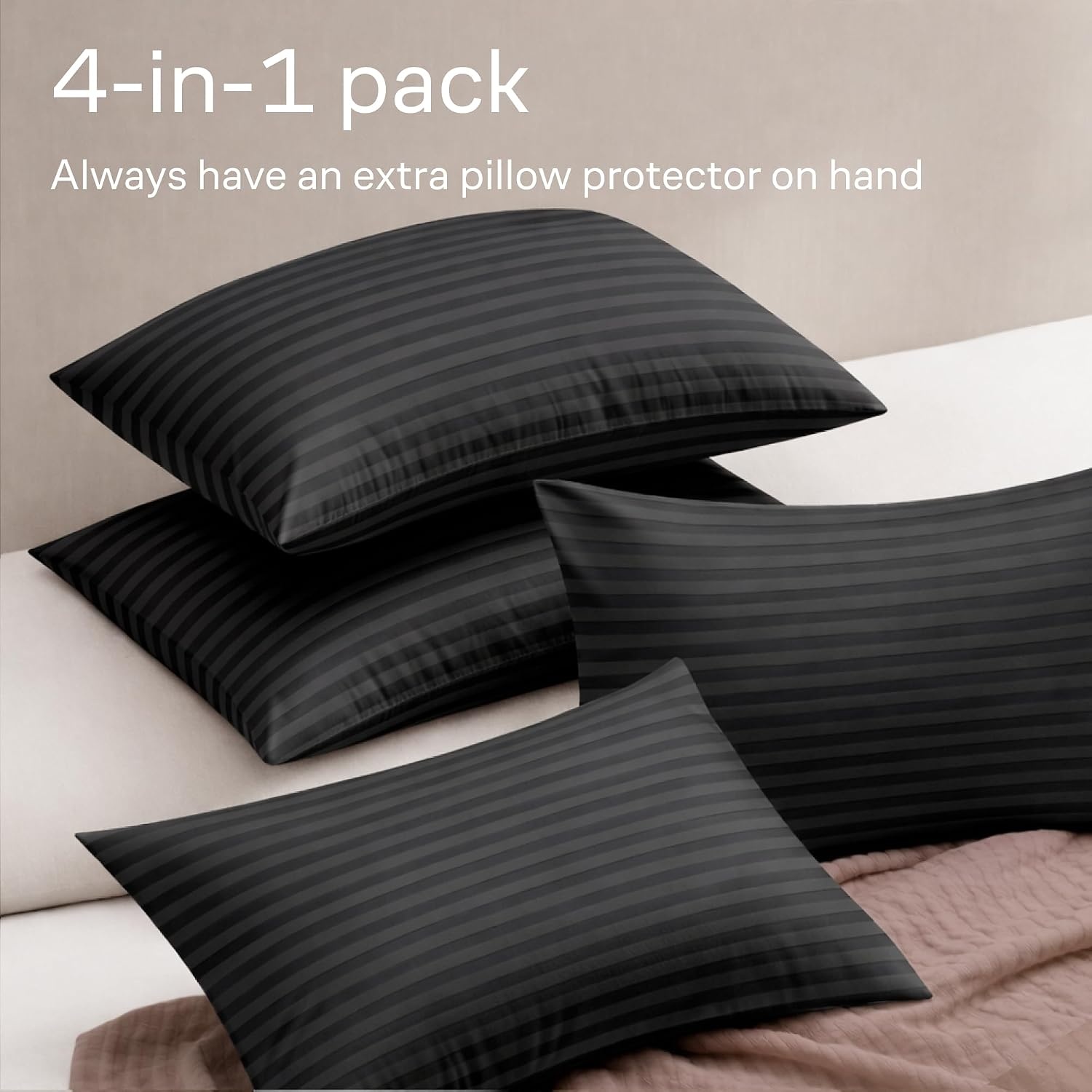 image:imageUltra Soft Pillow Protectors with Zipper Queen Size Set of 4 WhiteBlack Striped