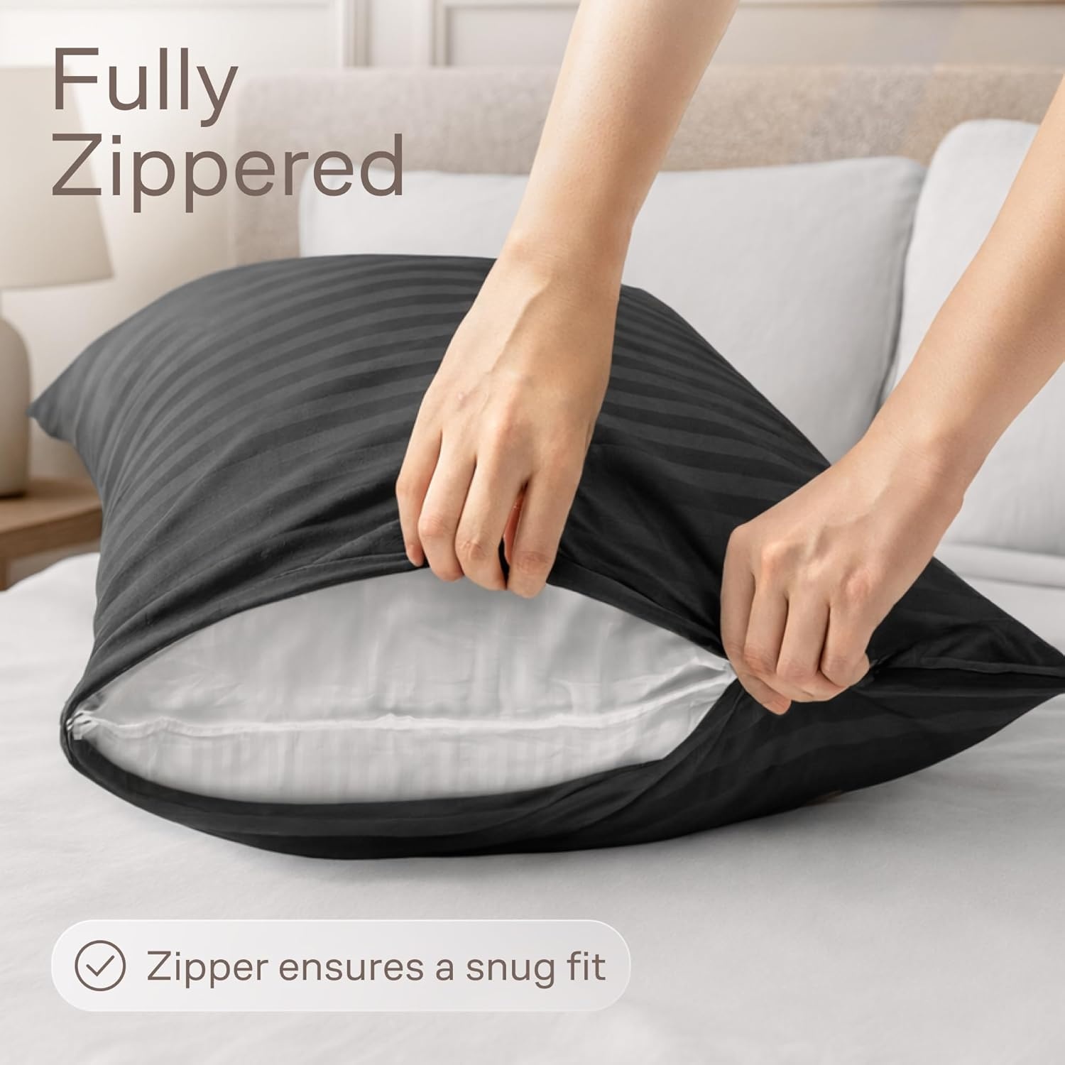 image:imageUltra Soft Pillow Protectors with Zipper Queen Size Set of 4 WhiteBlack Striped