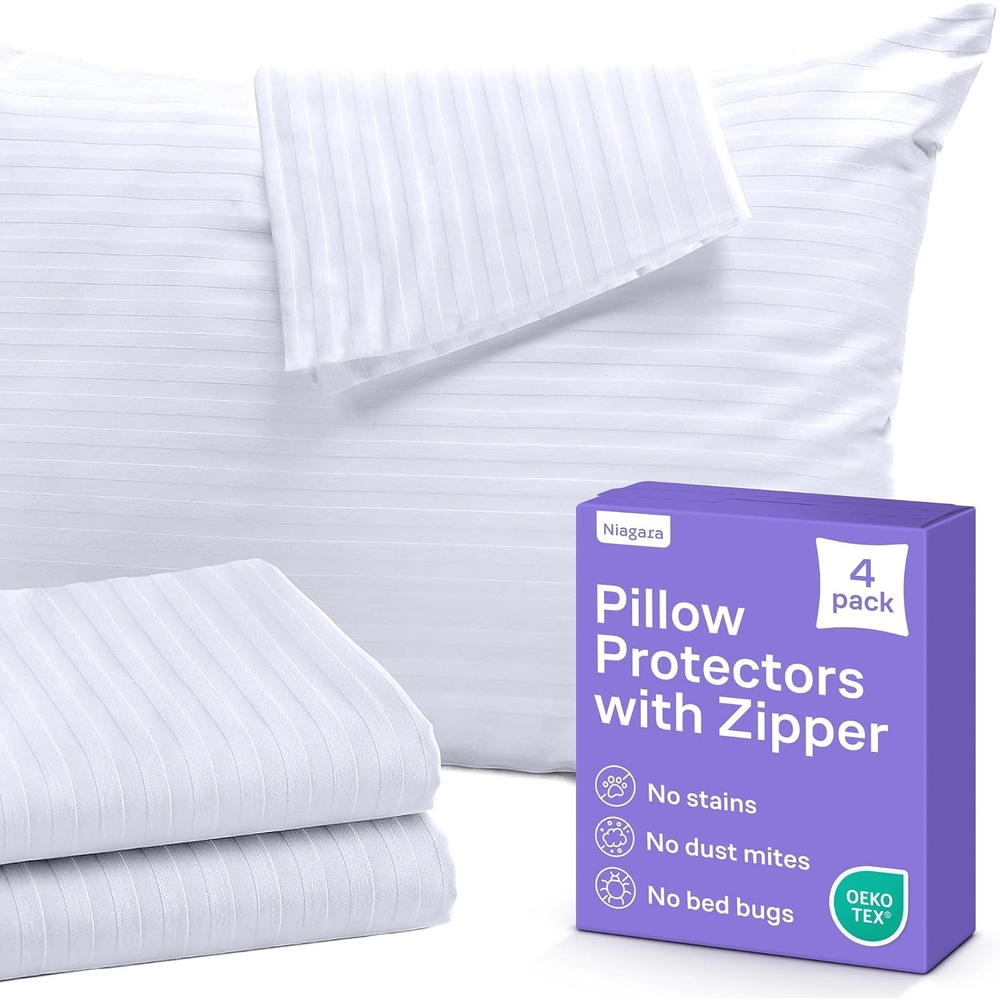 image:imageSet of 4 Pillow Protectors with Zipper King Size  100 Resistant to Stains Dust amp Dirt  Washable Covers for Increased Pillow LifespanStandard
