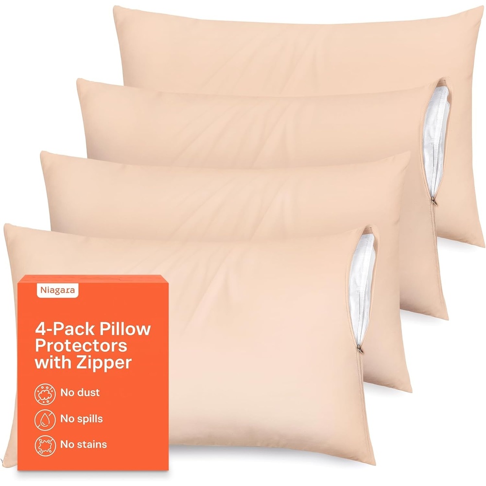 image:imageUltra Soft Pillow Protectors with Zipper Queen Size Set of 4 WhiteBeige