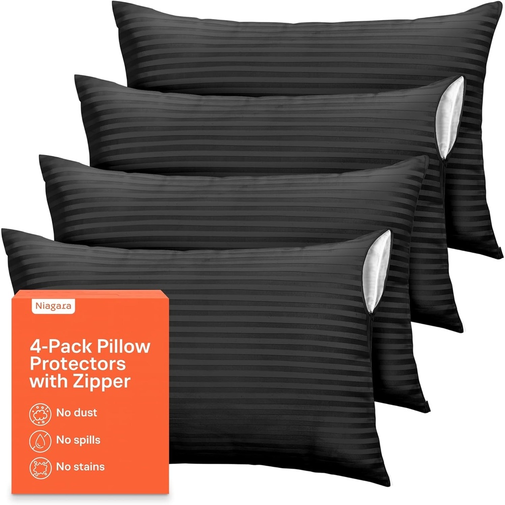 image:imageUltra Soft Pillow Protectors with Zipper Queen Size Set of 4 WhiteBlack Striped