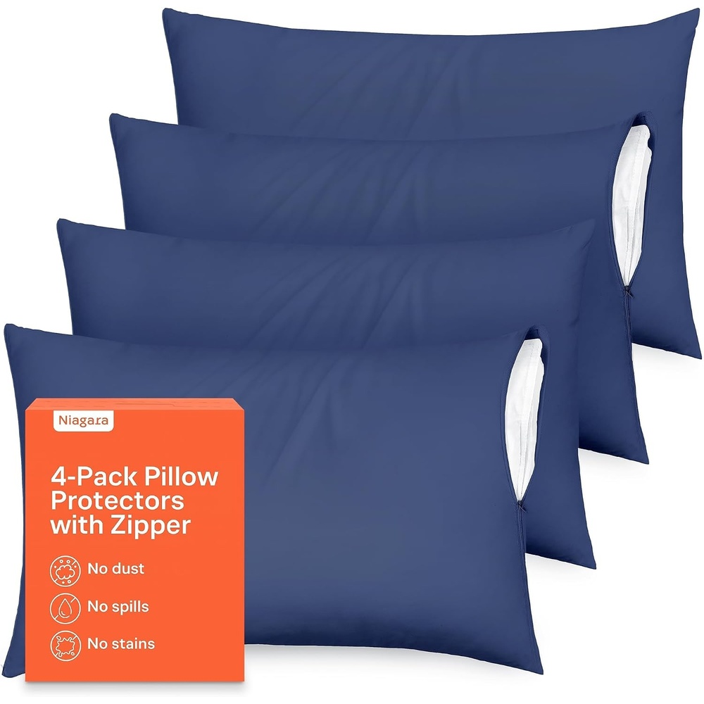 image:imageUltra Soft Pillow Protectors with Zipper Queen Size Set of 4 WhiteNavy Blue